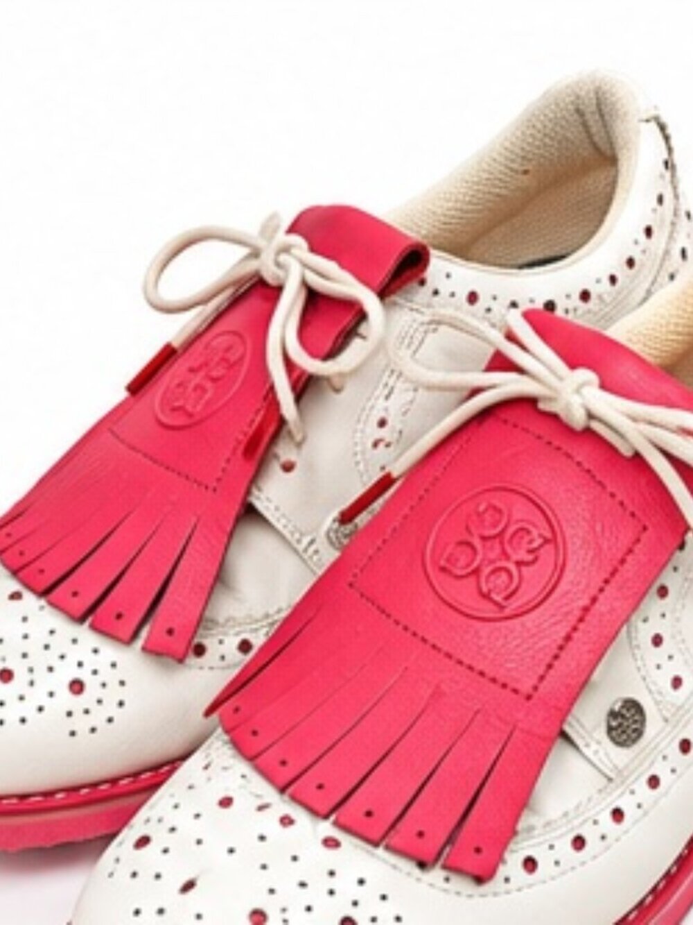 G/FORE Women's White & Hot Pink Leather Golf Shoes Brogue Kiltie US 9.5